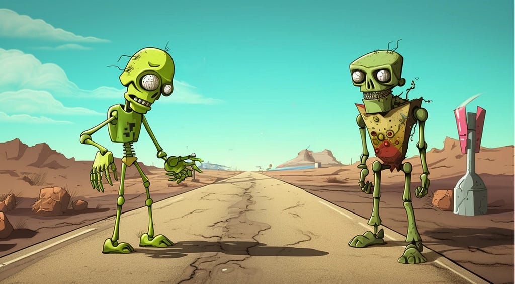 A zombie and a robot are standing in the middle of a road in the desert