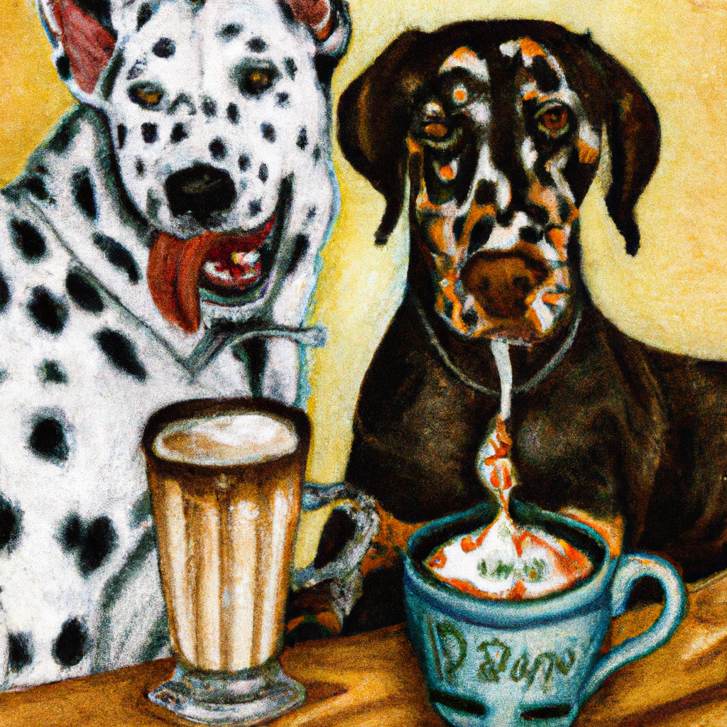 Two dogs sitting at a table together,  with chai tea on the table in front of them.