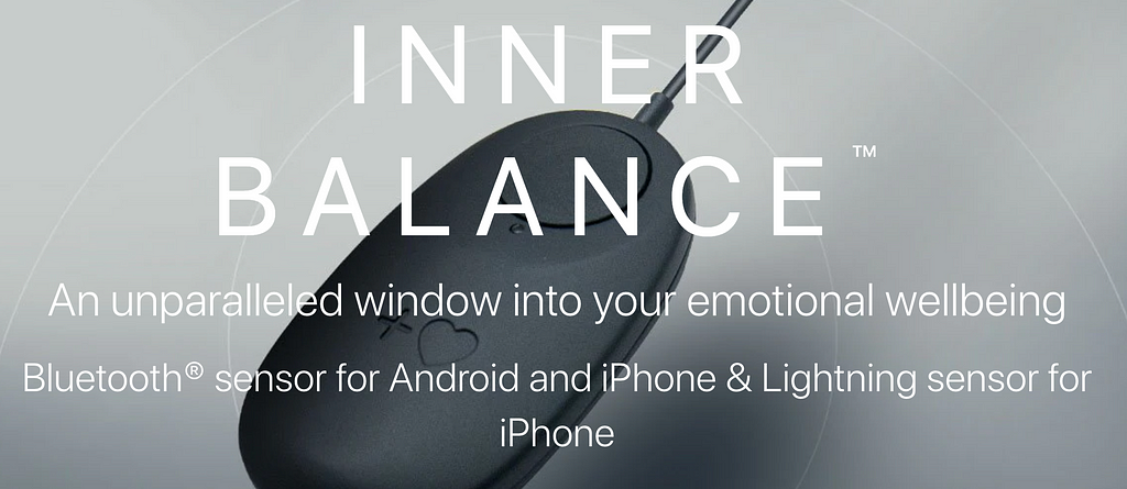 The Inner Balance sensor with text overlay that says “Inner Balance—An unparalleled window into your emotional well-being.