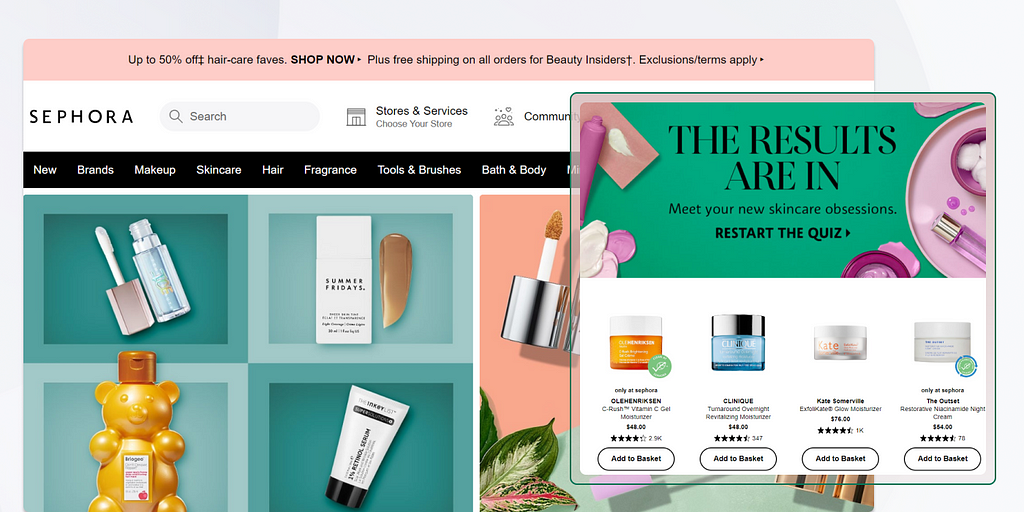 Searchandising shoppable quizzes example, Sephora
