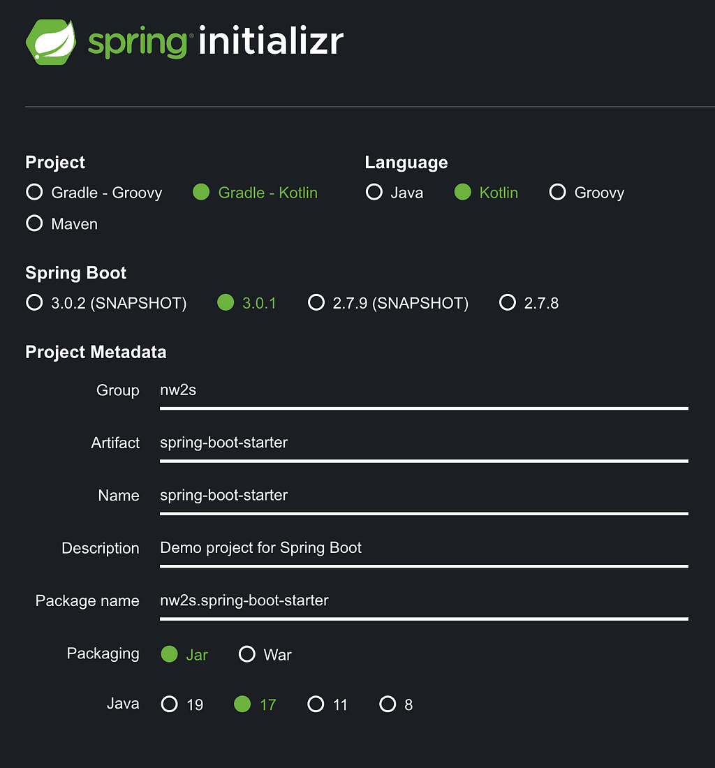 Spring Initializr form