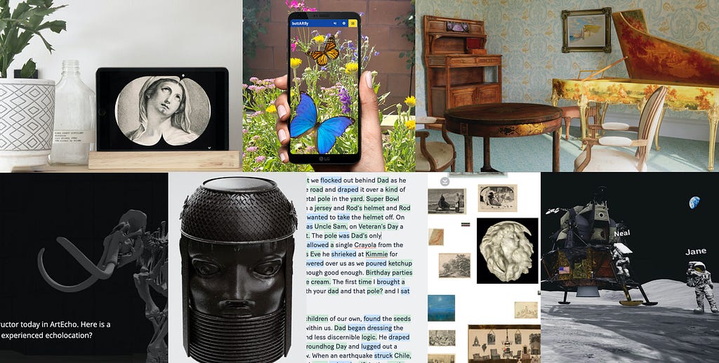 Seven very different looking images representing prototypes using Smithsonian Open Access collections in different ways, including: image on a clock face, butterflies from the Smithsonian Museum of Natural History, an augmented reality room furnished with objects from La Belle Epoque, woolly mammoth skeleton, a 3D rendering of a King’s head from the Kingdom of Benin, text and associated images set up like a virtual gallery, Apollo 11 mission lander in a “virtual moon museum”