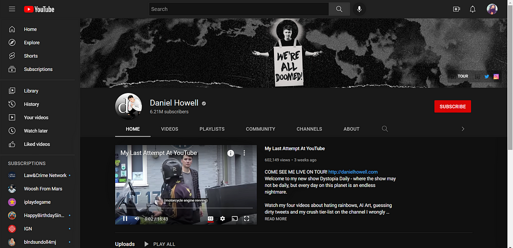 An image of Dan Howell’s YouTube channel page from 2022.