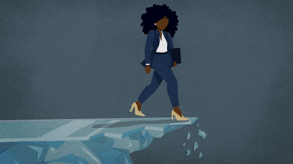 Black woman in pantsuit on the edge of a glass cliff that is slowly breaking with pieces falling.