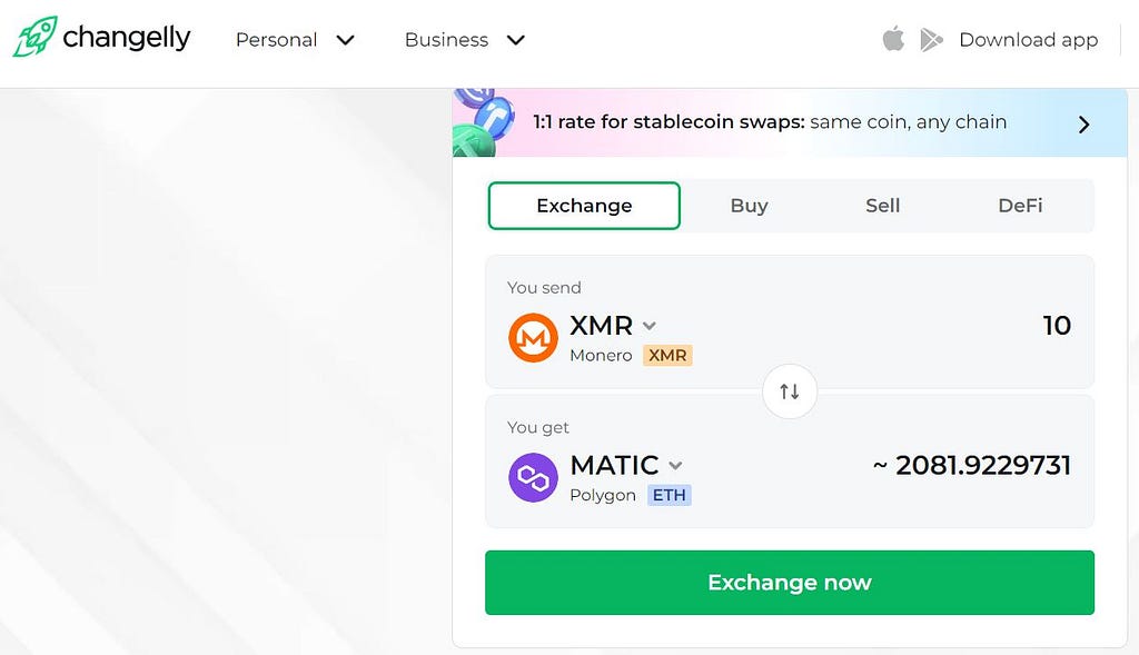 Swap XMR for MATIC with Changelly