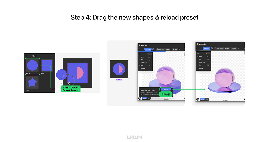 A screenshot in Figma shows replacing component elements and reloading the model using Cmd + Option, with the left side showing the process of replacing a circular base with a rectangular base, and the right side displaying the circular base adopting the rectangular base’s style after the replacement.