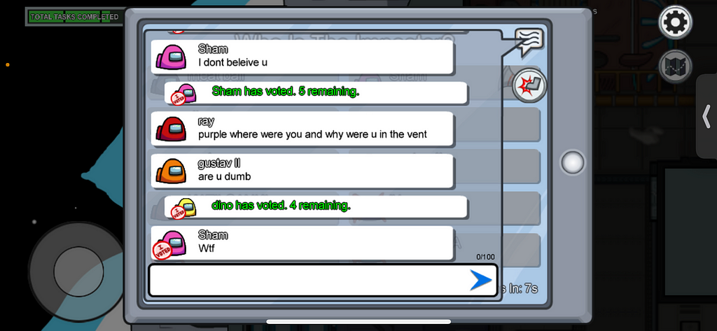 A screenshot of a player (Gustav) saying “are u dumb” and then being voted as the imposter