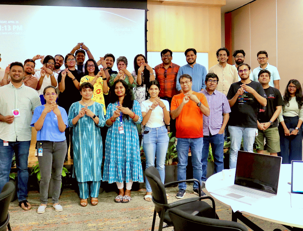 An animation of the UXR Day IDC India hub event at Microsoft Hyderabad campus showing people participating in the event, stickers created and glimpses of lunch and networking