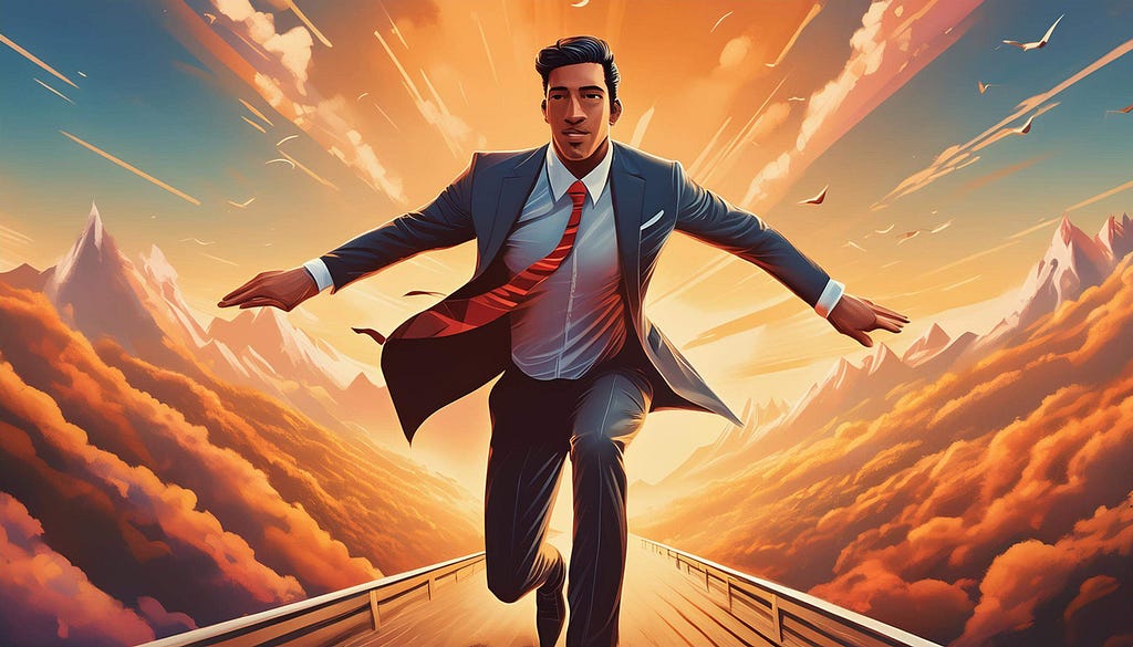 A dynamic scene of a man in a suit running on a pathway that seems to be suspended high above the clouds. The sky is filled with dramatic orange and pink hues as if during sunrise or sunset. The man’s red tie flutters in the wind, and he appears determined, with mountains visible in the background, suggesting a journey or mission.
