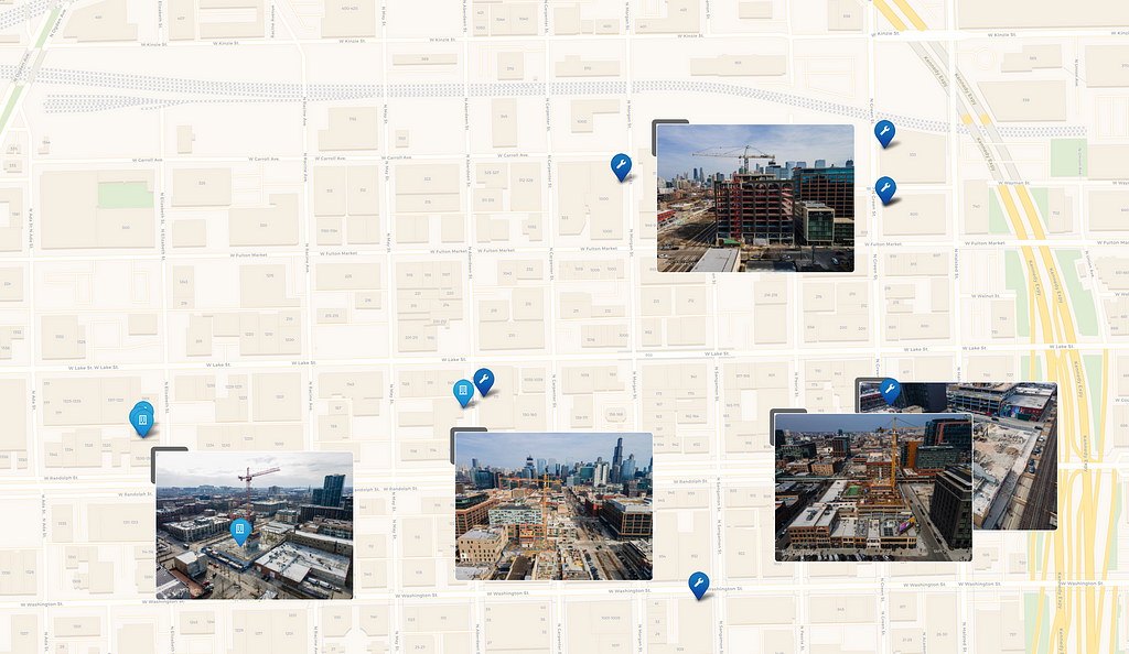 A screenshot of the Chicago Cityscape real-time development map centered on the West Loop overlaid with five aerial photos of five construction projects.