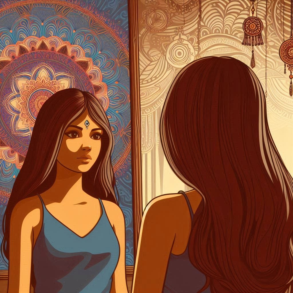 Cartoon-style picture of a brown woman with long hair looking into the mirror, with a mandala in the background.