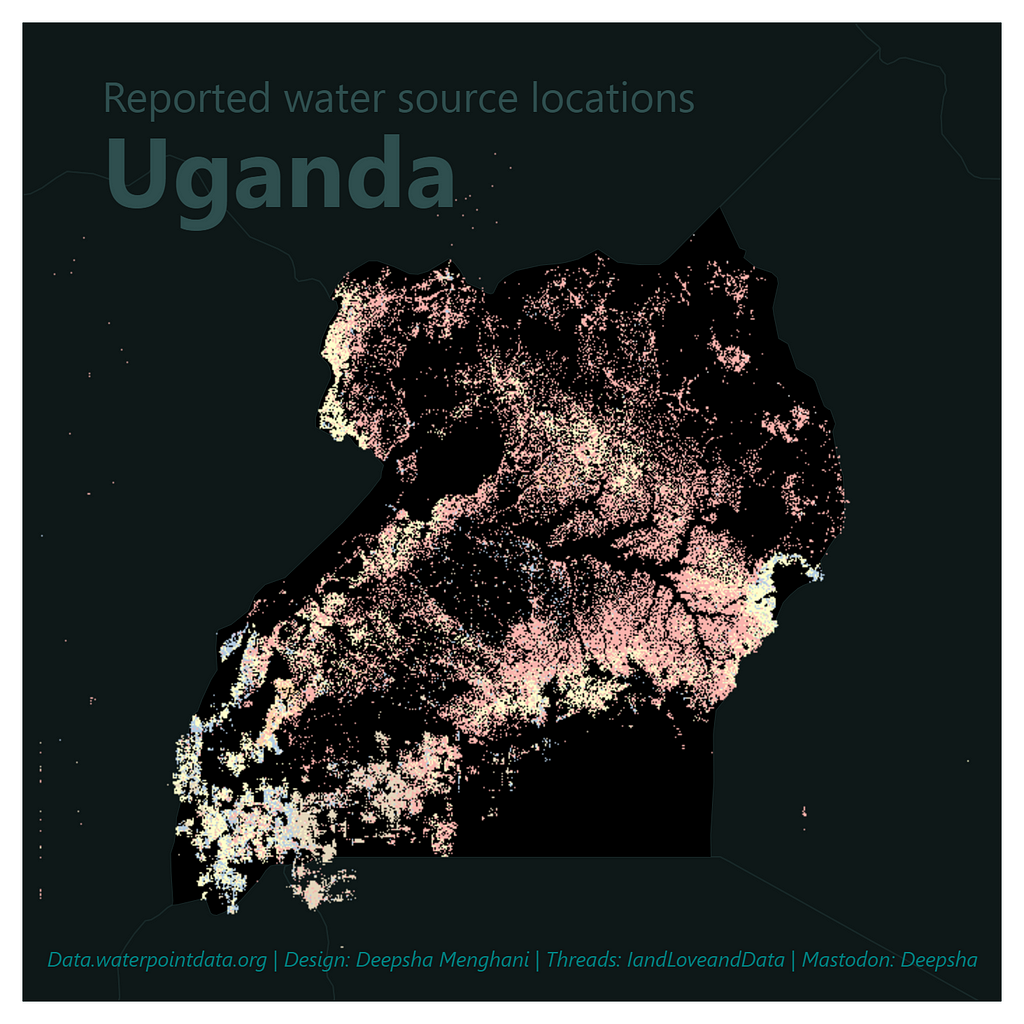 Map of Uganda with dots representing water sources reported.