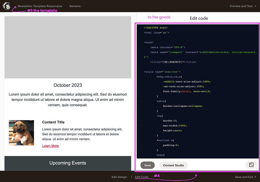 #3 Mailchimp Template Editing View — Code — Dev