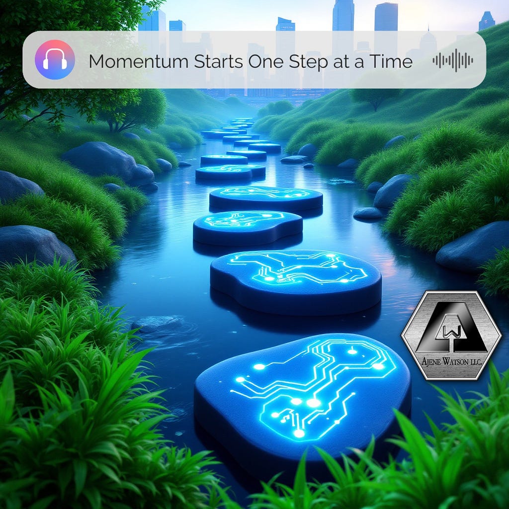 Glowing stepping stones embedded with AI circuit designs lead across a tranquil stream, surrounded by lush greenery, toward a futuristic city skyline. This visual metaphor captures the essence of progress, innovation, and the journey toward long-term growth with AI as a transformative tool. The AJENE WATSON, LLC logo anchors the image, representing guidance and partnership on this path of discovery and success.