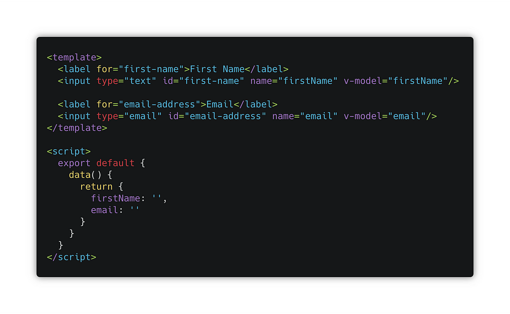 Code for the FirstStep.vue component file.
