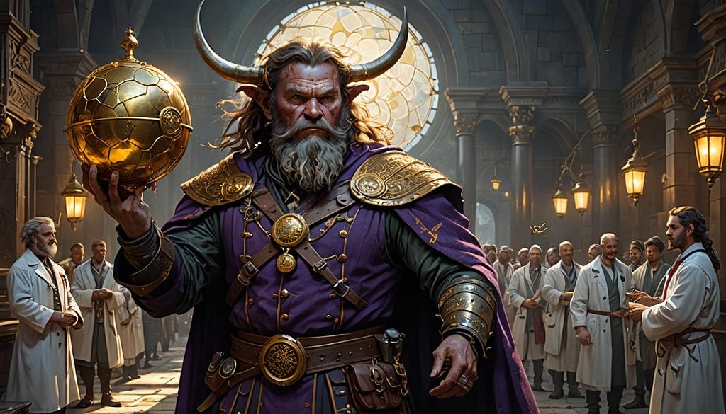 Highlander holding golden orb, fantasy art