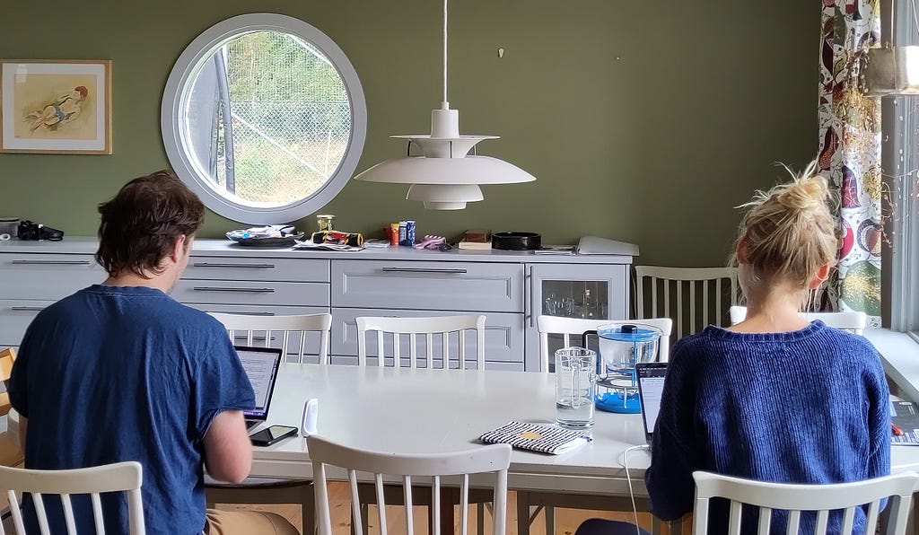 Two people sitting at a white kitchen table, photographed from the back and working on laptops