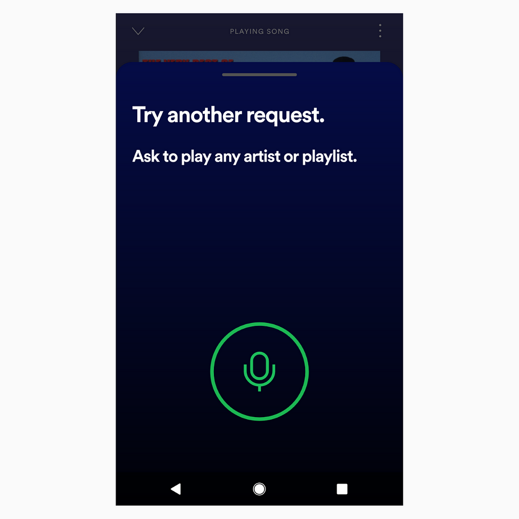 screenshot of the error message screen. Hey Spotify says, “Try another request. Ask to play any artist or playlist”