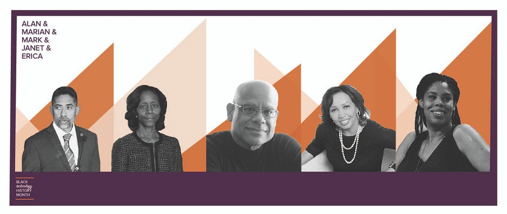 Graphic with images of five black technologists, and the words Alan & Marian & Mark & Janet & Erica