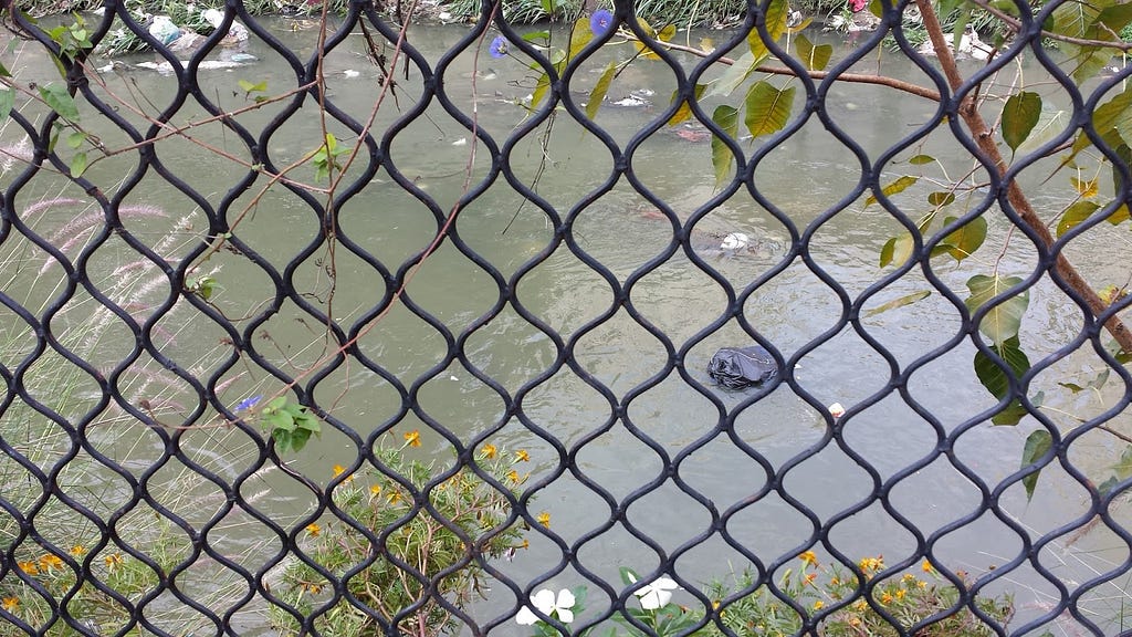 Things floating downriver — if that gray-green-yellow stuff could rightly be called a river.