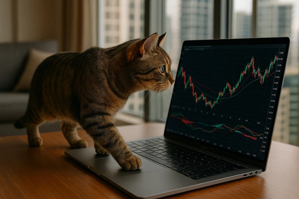 Cat trading on a laptop. TradingChartAnalyst.com