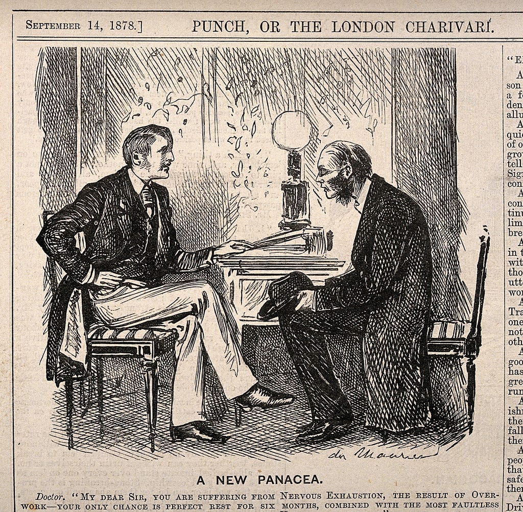 Old newspaper cartoon shows a doctor telling an exhausted patient to commit theft and spend time in jail in order to get rest