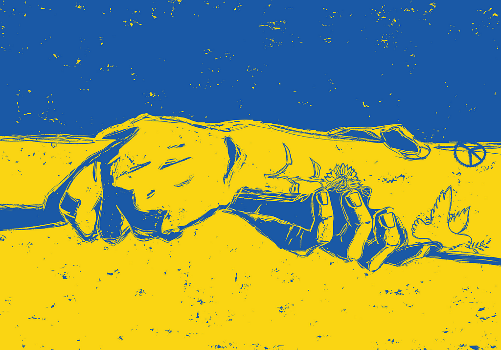 Two hands joined together with peace symbols tattooed on their forearms in the colour of the Ukrainian flag