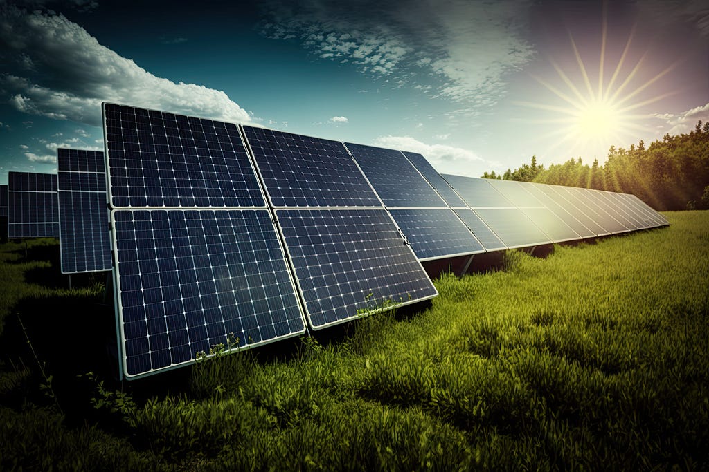 The image shows a field of photovoltaic solar panels arranged in rows, set against a backdrop of green grass and trees. The sun is shining brightly in the sky, casting a warm glow over the scene. The solar panels are angled to capture maximum sunlight, highlighting the clean, renewable energy concept. The sky is partly cloudy, adding depth and contrast to the overall serene and sustainable environment.