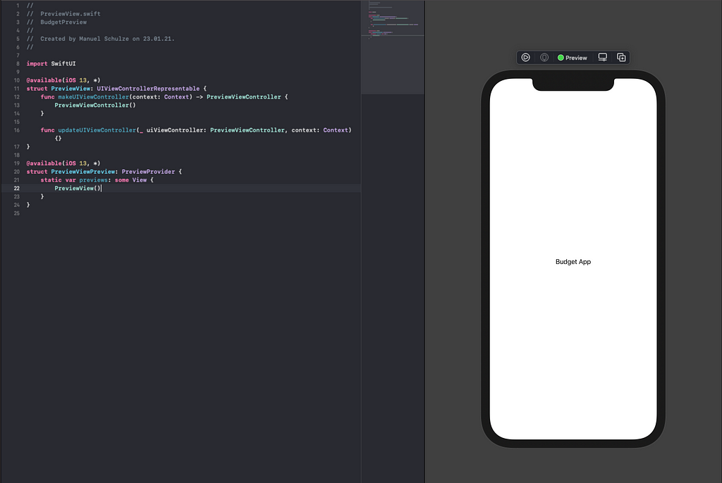 The PreviewView.swift file with the preview of UIViewController that we’ve created before.
