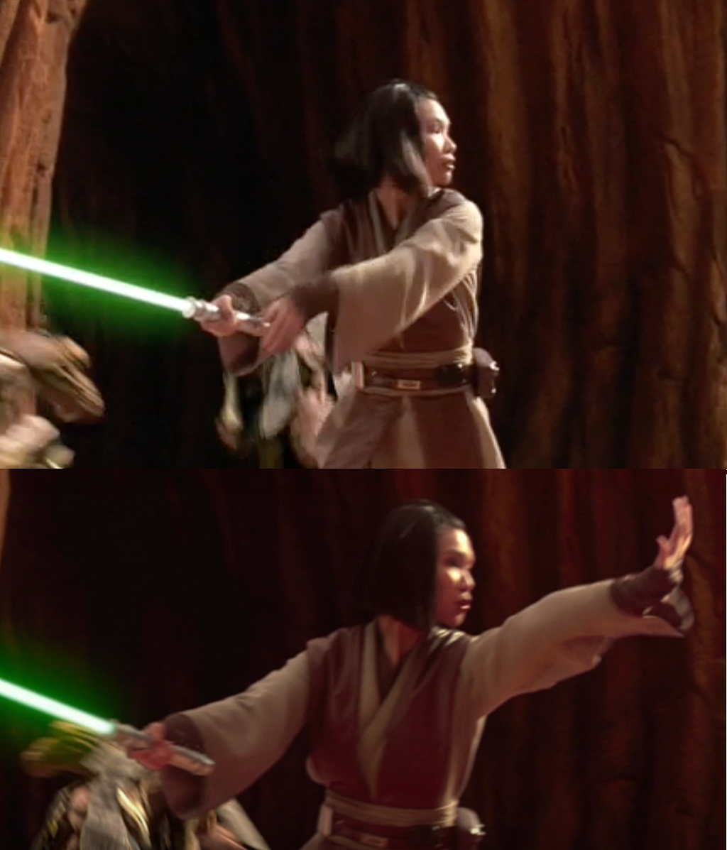 Jedi Knight Bultar Swan with her green lightsaber in ‘Star Wars: Episode II — Attack Of The Clones.’