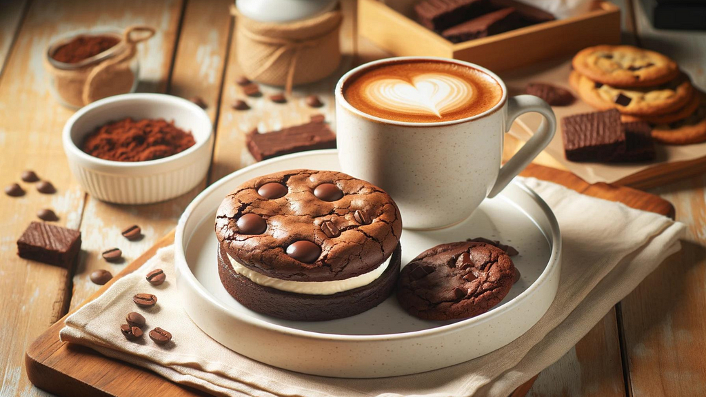 A delicious brownie cookie on a white plate with a cup of coffee beside it, set in a cozy and inviting environment.