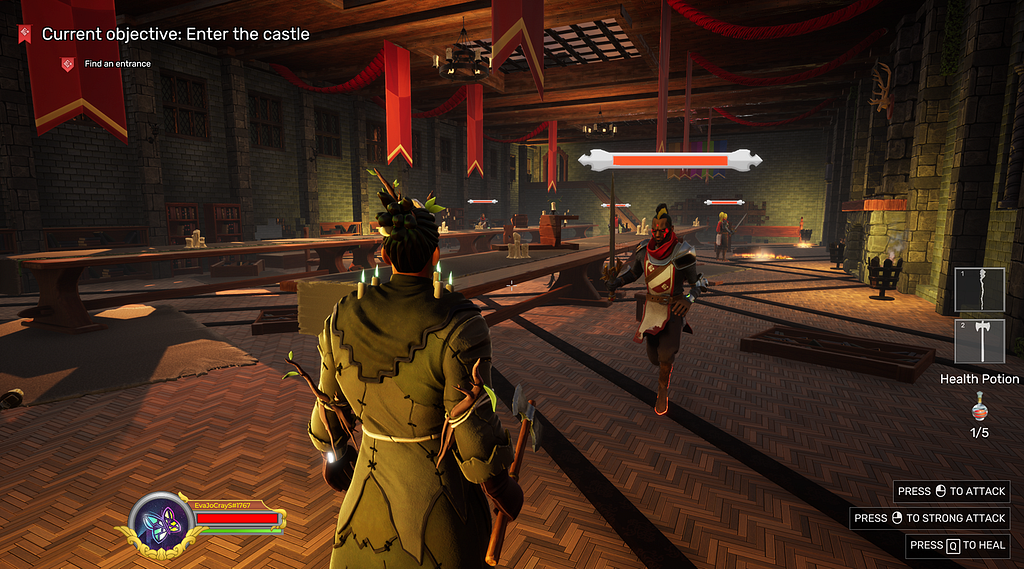 A heroic Ranger character faces an enemy knight inside a medieval banqueting chamber