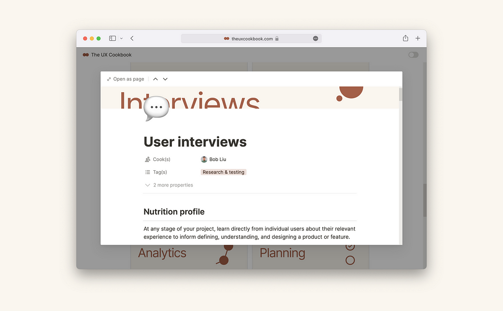 The User interviews recipe showing its title, cover image, and the “nutrition profile” section