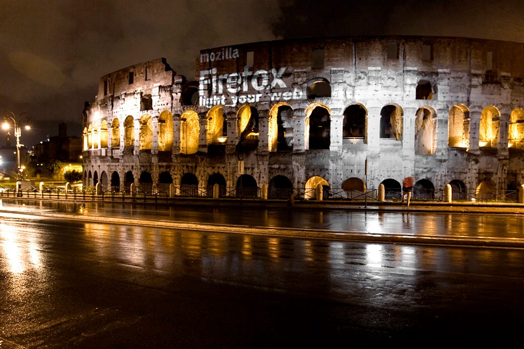 A piratesque nightly videoraid to light the cify with Firefox logo — Here in Rome, the famous Coliseum.