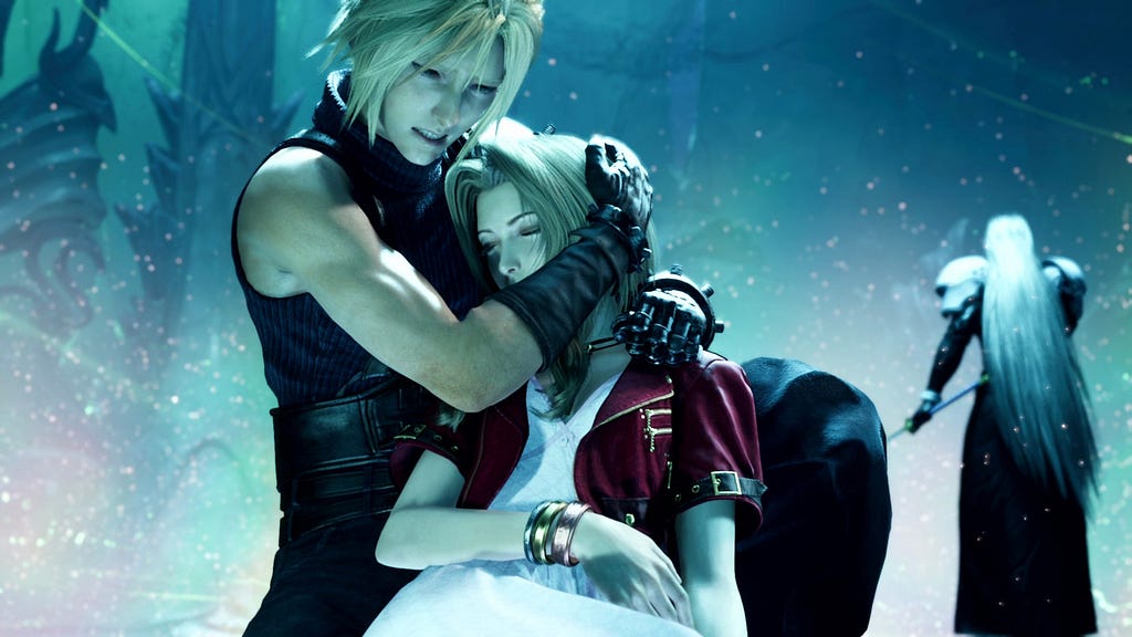Cloud segura Aerith morta em seus braços. Ao fundo Sephiroth está de costas.