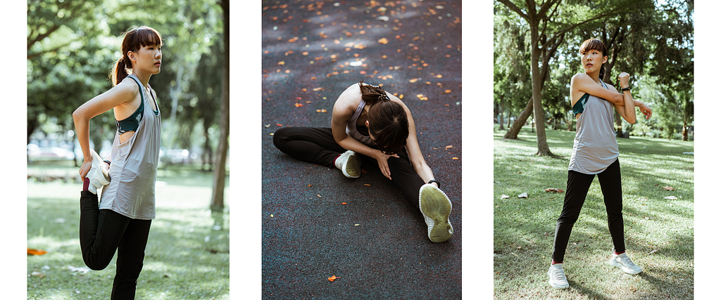 Three photos of a woman stretching in the park