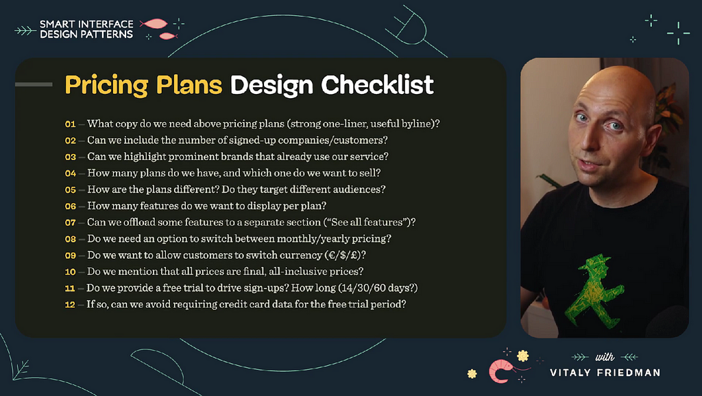 Screenshot of the pricing plans design checklist from the course