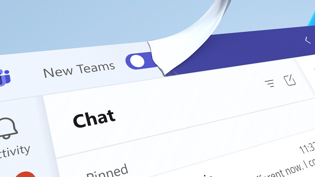 A close-up rendering of the new Teams’ UI depicting the removal of the signature Teams purple from places within the experience, and the addition of the Windows 11 Mica material.