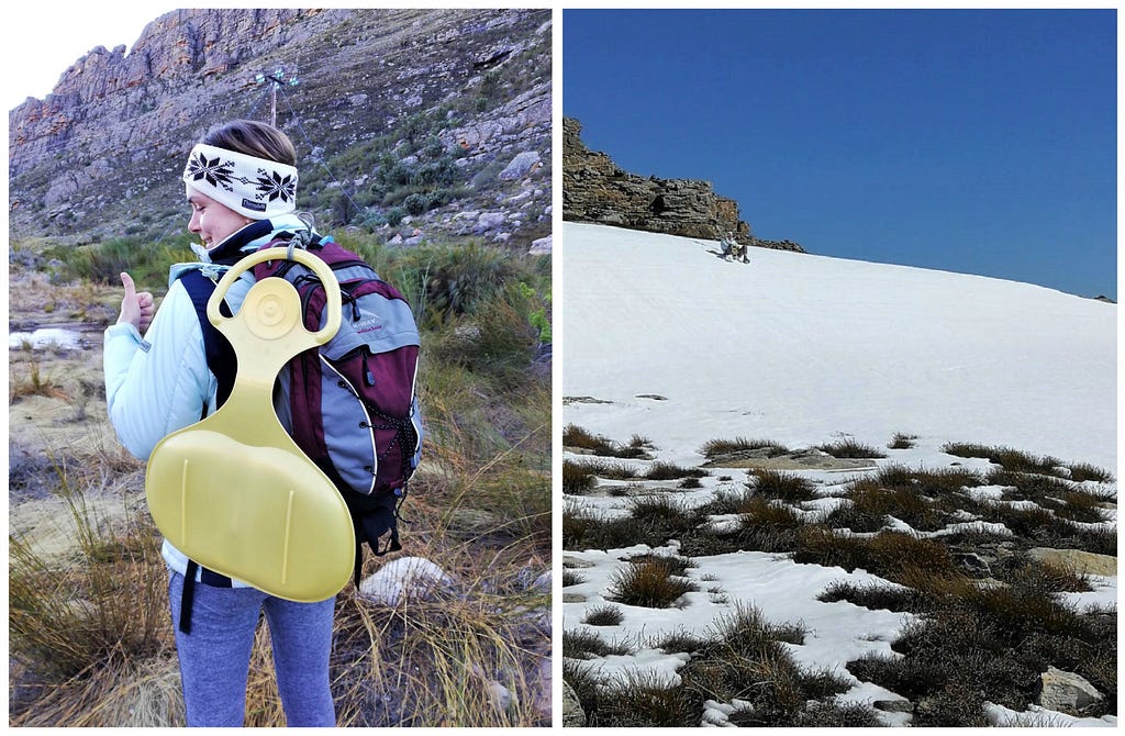 A woman with a backpack and bumboard on the left; a woman bumboarding in fresh snow on the right.