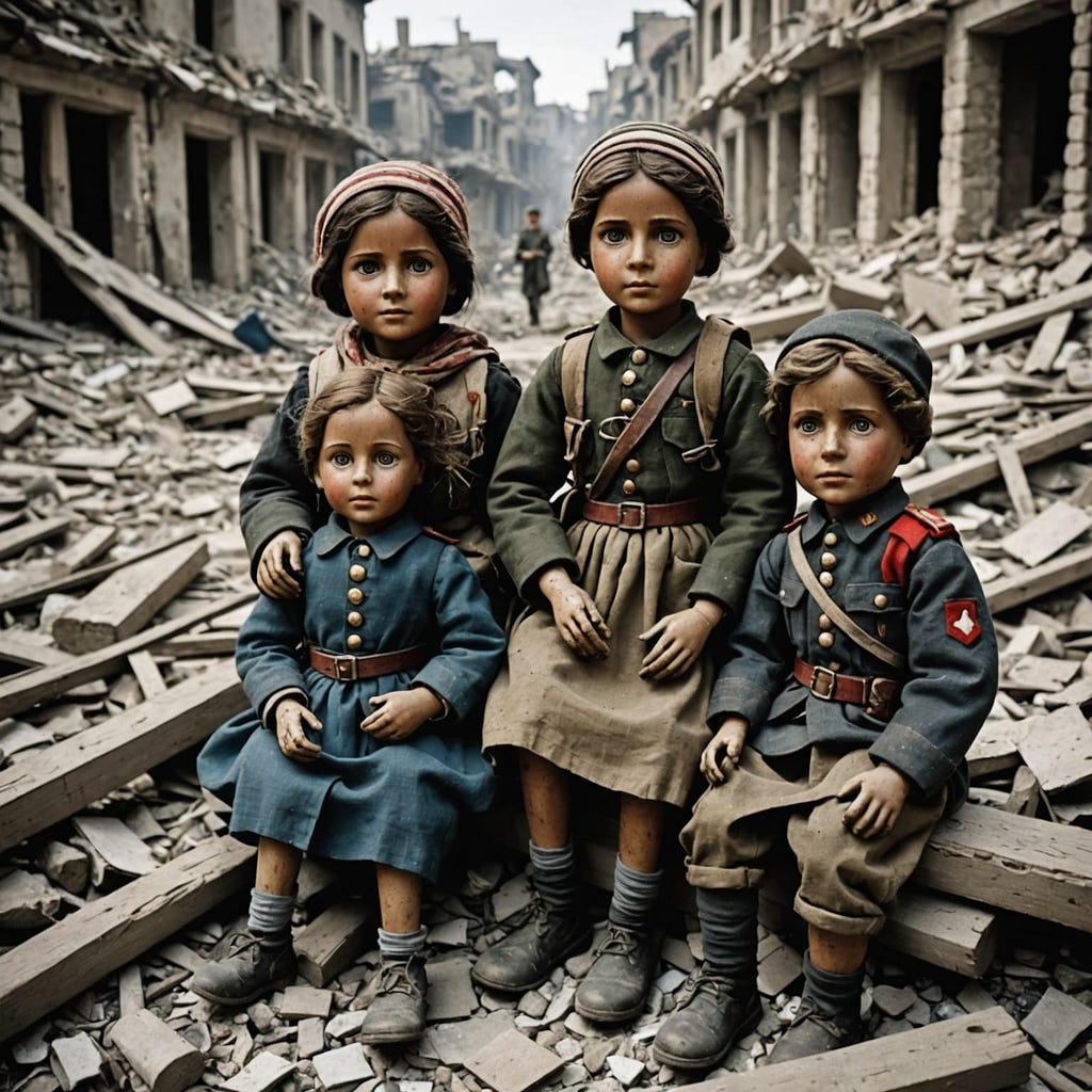 Children of War sitting in rubble