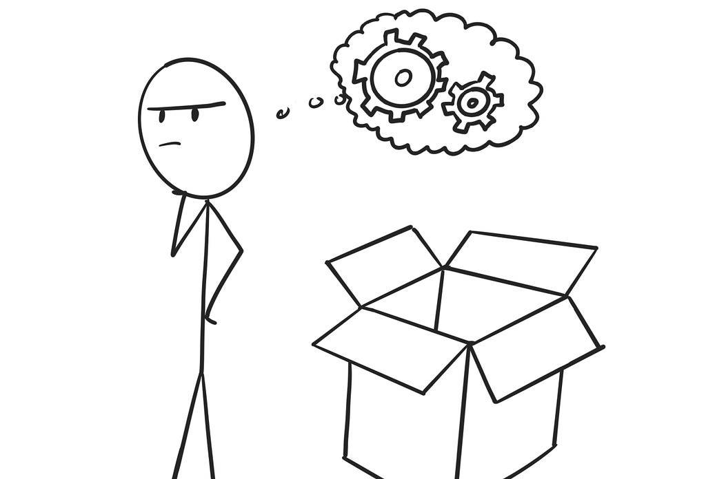 Doodle showing sticky figure thinking literally out of the box. Standing next to open card box.