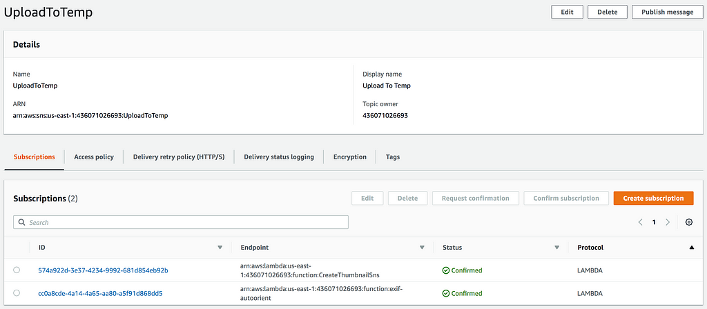 AWS console showing SNS notification with the Lambda functions subscribed to it