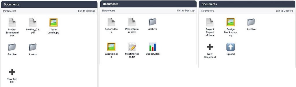 Three screenshots of the same folder in Google’s Neural OS demo, opened seconds apart. The first shows meeting notes, a spreadsheet, and a presentation. The second shows different items — some original files remain while others have vanished. The third shows entirely new files that weren’t present before, demonstrating how the interface regenerates unpredictably with each click.