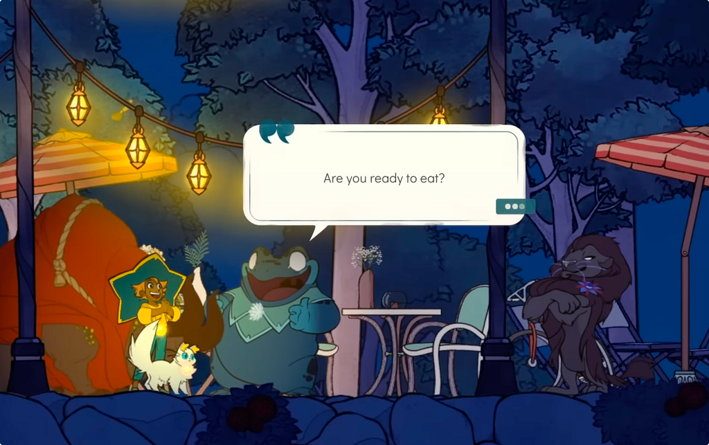 A Spiritfarer scene set at night showing three animal characters gathered beneath string lights in a lantern-lit forest clearing, with a dialogue box reading “Are you ready to eat?”