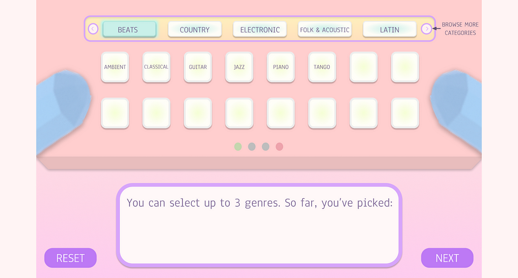A pink digital soundboard with buttons indicating different music genres.