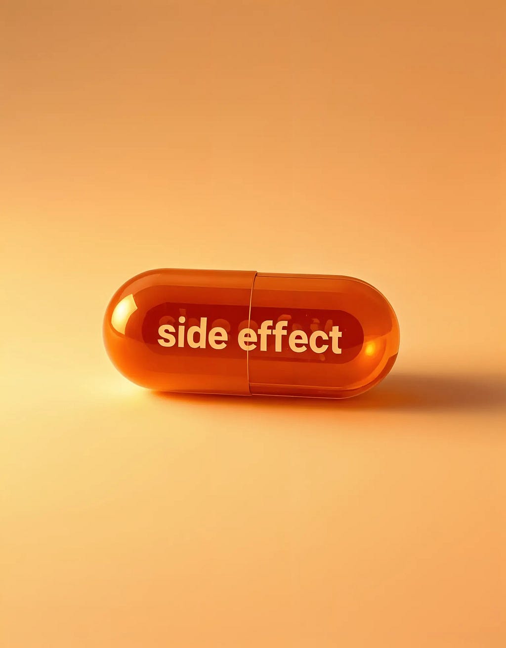 A close-up shot of a single orange pill capsule with “side effect” written in white letters on the side.