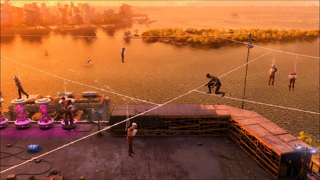 At an abandoned site near the river, Spider-Man stands on a webline created by attaching webs between two points. There is a network of weblines almost forming a spider-web like structure here. Several enemies hang from the weblines.