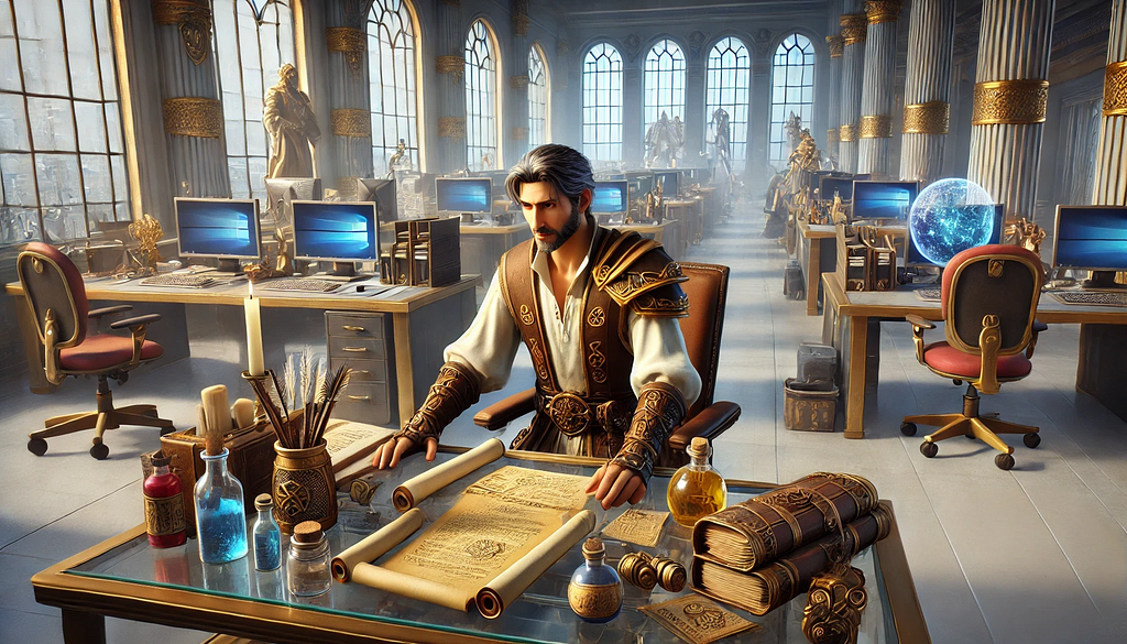 An NPC is working on documents on his desk