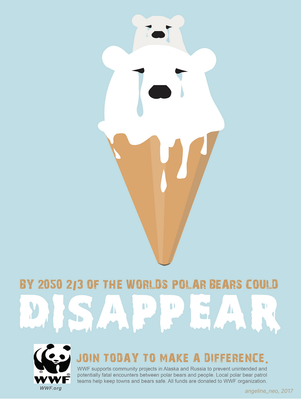A poster wth polar bears melting in an ice-cream concept, alarming about global warming