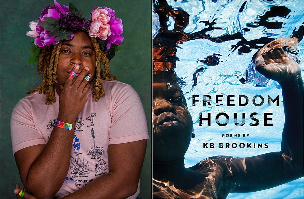 Author portrait of KB Brookins in floral crown, as well as the cover of Freedom House book.